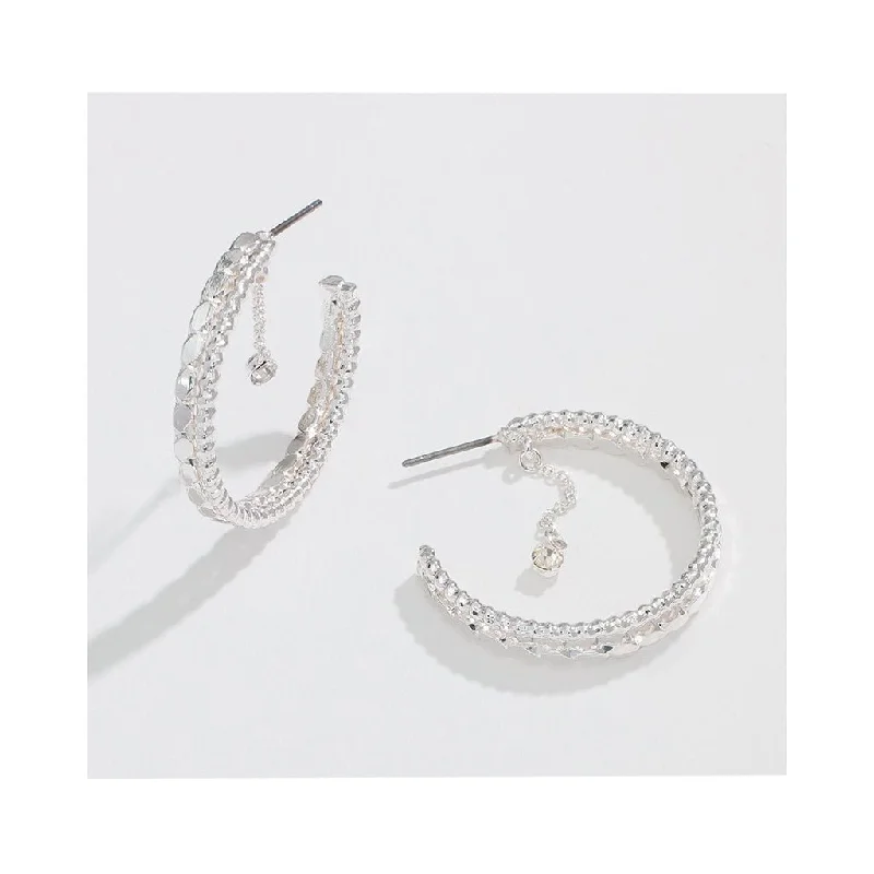 African Drop Earrings with Culture -Periwinkle by Barlow : 1” Textured Silver Hoops With Dangling Crystal -Earrings