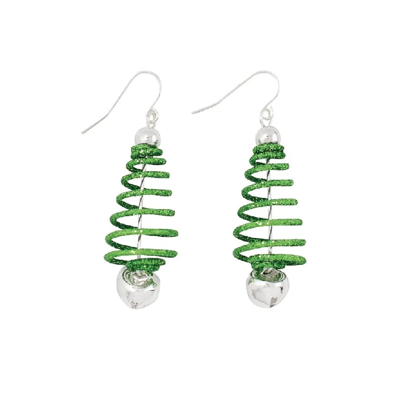 Short Drop Earrings for Subtle -Periwinkle by Barlow : Green Wire Christmas Trees With Silver Bell - Earrings