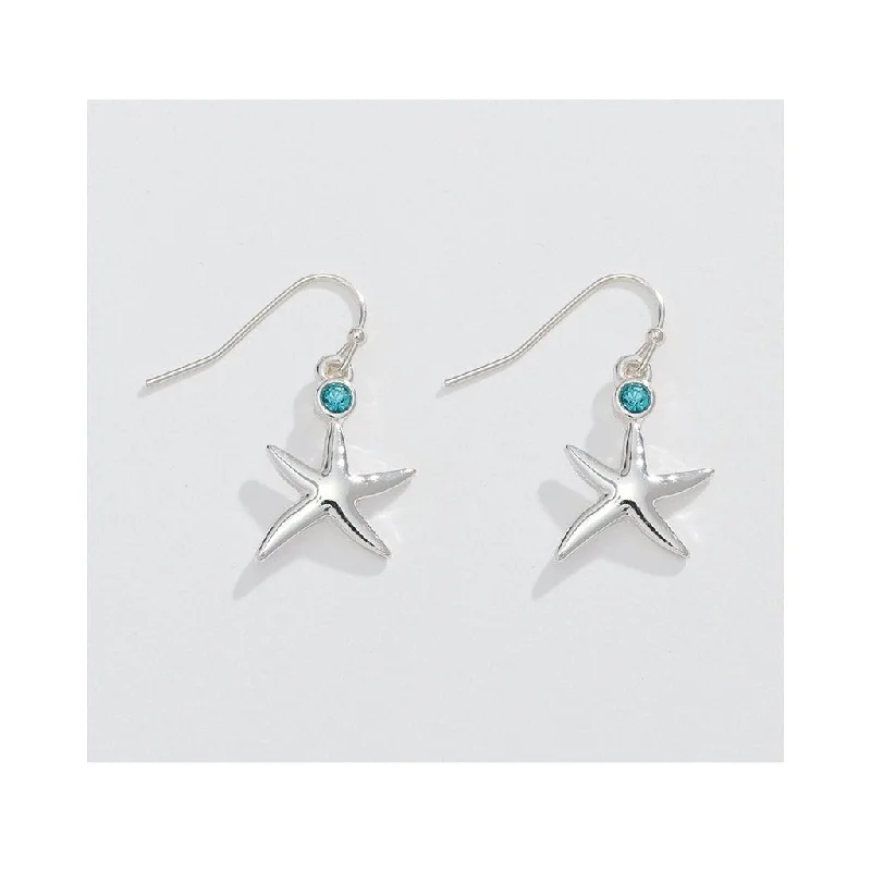 Long Drop Earrings for Dramatic -Periwinkle by Barlow : Leaping Starfish with Aqua Crystals - Earrings