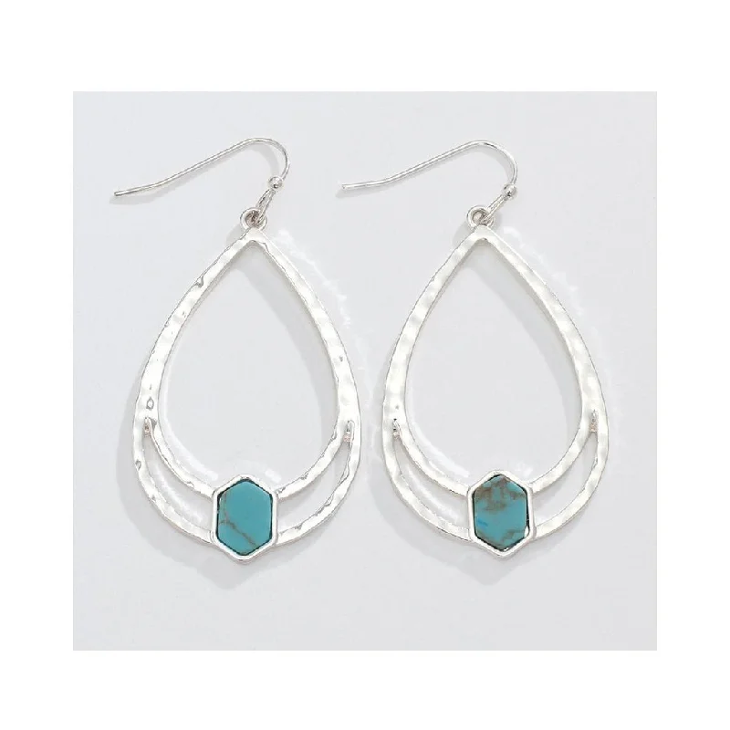 Animal Print Drop Earrings for Fun -Periwinkle by Barlow : Hammered Silver with Turquoise Accent - Earrings