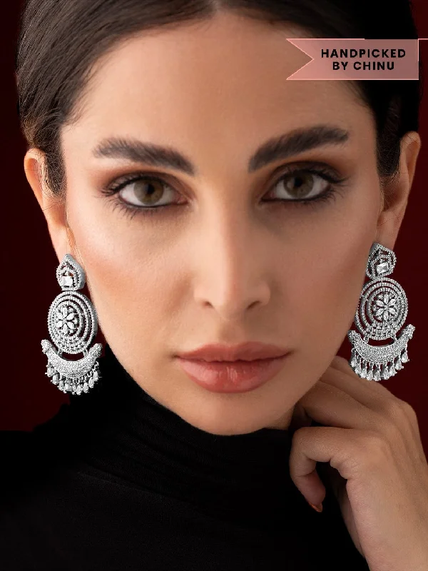 Retro Drop Earrings for Nostalgia -Rubans Silver Plated American Diamond Earrings With Studded Stones.