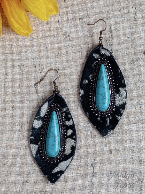 Drop Earrings with Crown Designs -Say Howdy Rain Drop with Center Stone, Black Cowhide