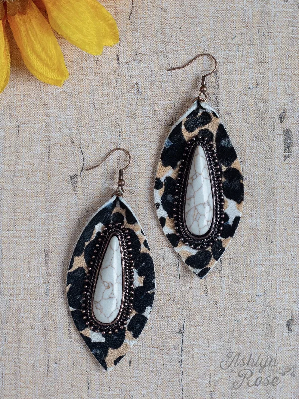 Drop Earrings with Keyhole Designs -Say Howdy Rain Drop with Center Stone, Multi Leopard