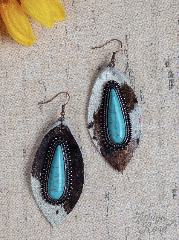 Drop Earrings with Infinity Symbols -Say Howdy Rain Drop with Center Stone, Light Cowhide