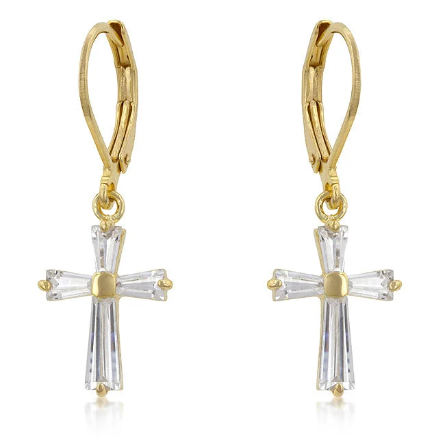 Drop Earrings for Beach Outfit -LOVCIA Elegant 18k Gold Plated Cross Earrings with Cubic Zirconia Stones