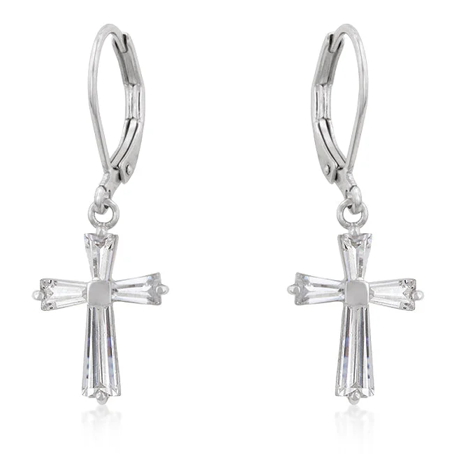 Nickel Free Drop Earrings for Safety -LOVCIA Elegant Gold Tone Cross Earrings with Cubic Zirconia and Rhodium Plating