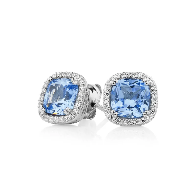 Small Drop Earrings for Delicate -Cushion and Round Brilliant halo stud earrings with blue topaz simulants and 2.81 carats* of diamond simulants in sterling silver