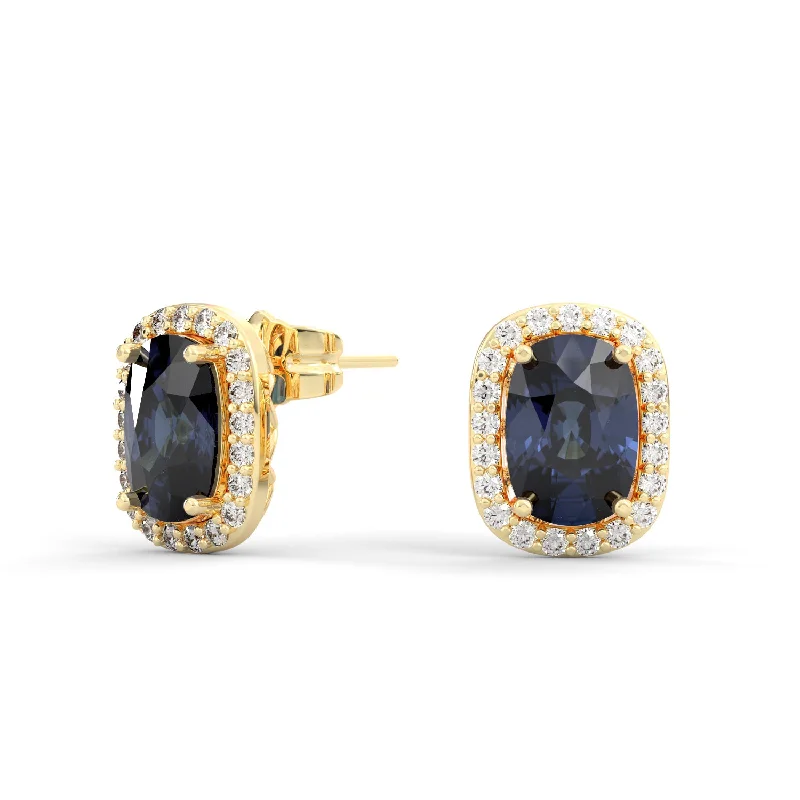 Drop Earrings for Christmas Party -Cushion Cut Sapphire Stud Earrings with Diamond Halo