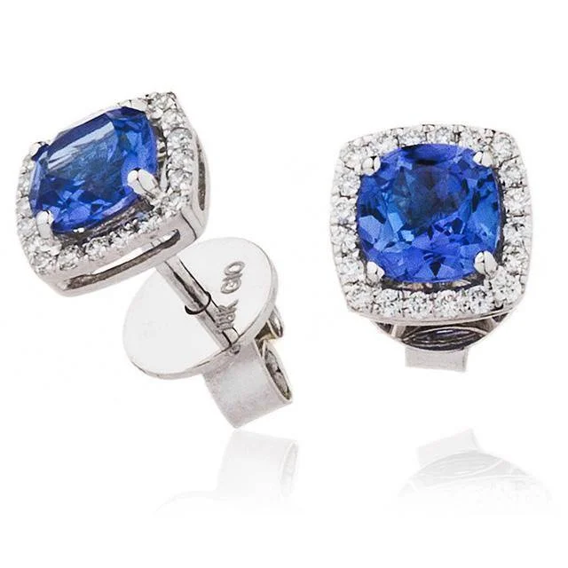 Drop Earrings with Embossed Patterns -Cushion Cut Tanzanite with Diamond Halo Studs