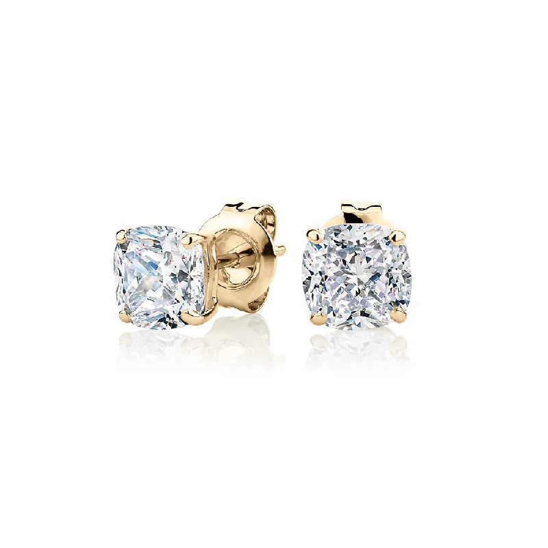 Vintage Drop Earrings with Patina -Cushion stud earrings with 2 carats* of diamond simulants in 10 carat yellow gold