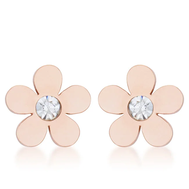 Minimalist Drop Earrings with Simplicity -LOVCIA Rose Gold Stainless Steel Flower Studs with 0.3ct CZ Stone