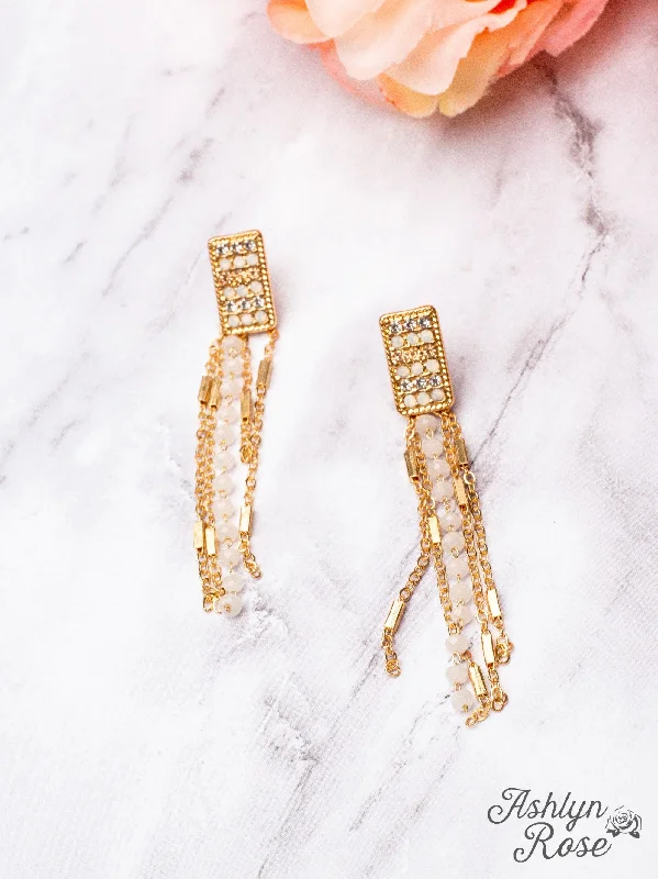 Drop Earrings for Concert Look -DANCE WITH ME GOLD CRYSTAL RECTANGLE PENDANT WHITE BEADED FRINGE EARRINGS