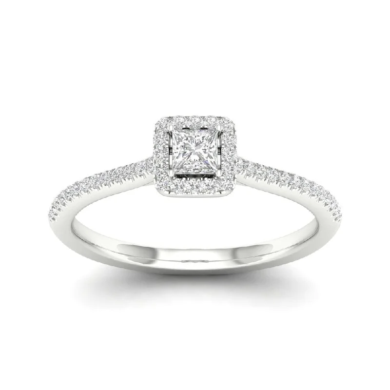 Engagement rings with sleek emerald-cut jade stones -De Couer 10k Gold 1/3ct TDW Diamond Halo Engagement Ring - White