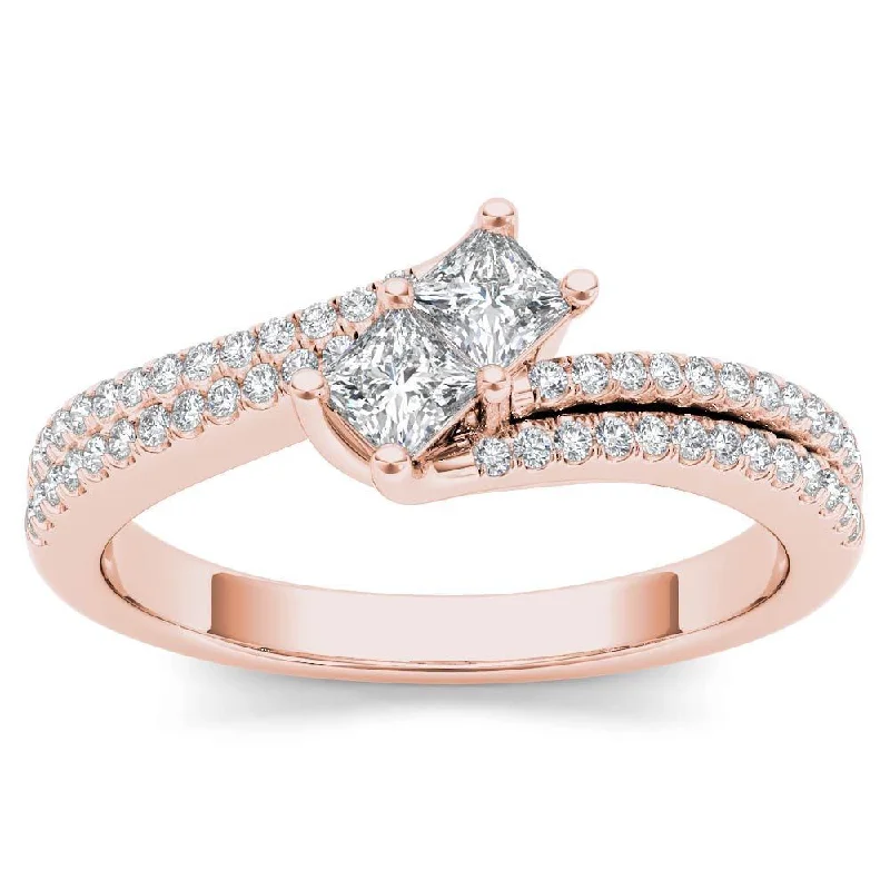 Engagement rings with double halo of opal -De Couer 14k Rose Gold 1/2ct TDW Two-Stone Diamond Engagement Ring - Pink