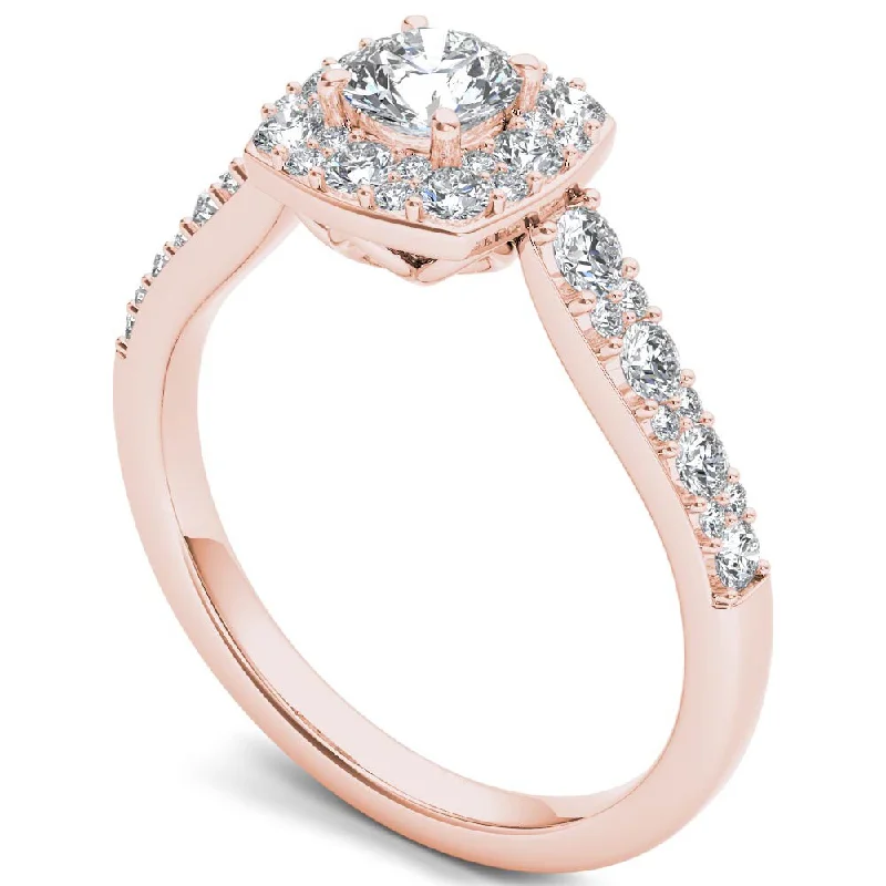 Engagement rings with sunburst aquamarine arrangements -De Couer 14k Rose Gold 1 ct TDW Diamond Halo Ring - Pink