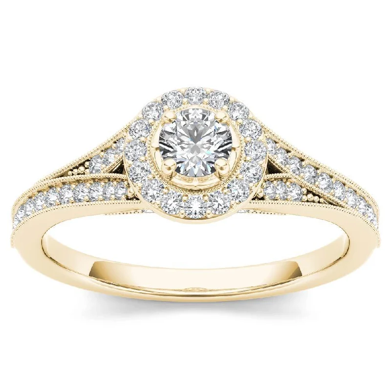 Custom engagement rings with engraved floral bands -De Couer 14k Yellow Gold 5/8ct TDW Diamond Halo Engagement Ring