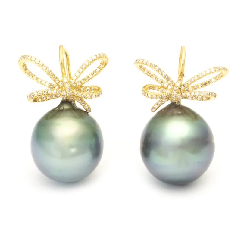 Diamond Drop Earrings for Luxury -Diamond Bow Earrings with Tahitian Pearl Drop