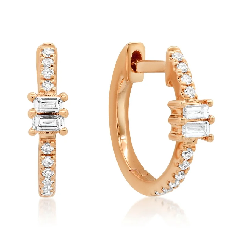 Indian Drop Earrings with Intricacy -Diamond Huggie Earrings with Double Baguette Accents