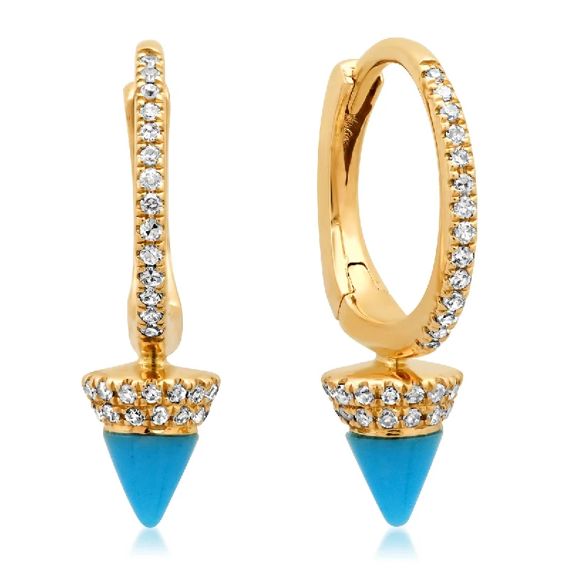 Contemporary Drop Earrings for Fashion -Diamond Huggie Earrings with Turquoise or Malachite Spike