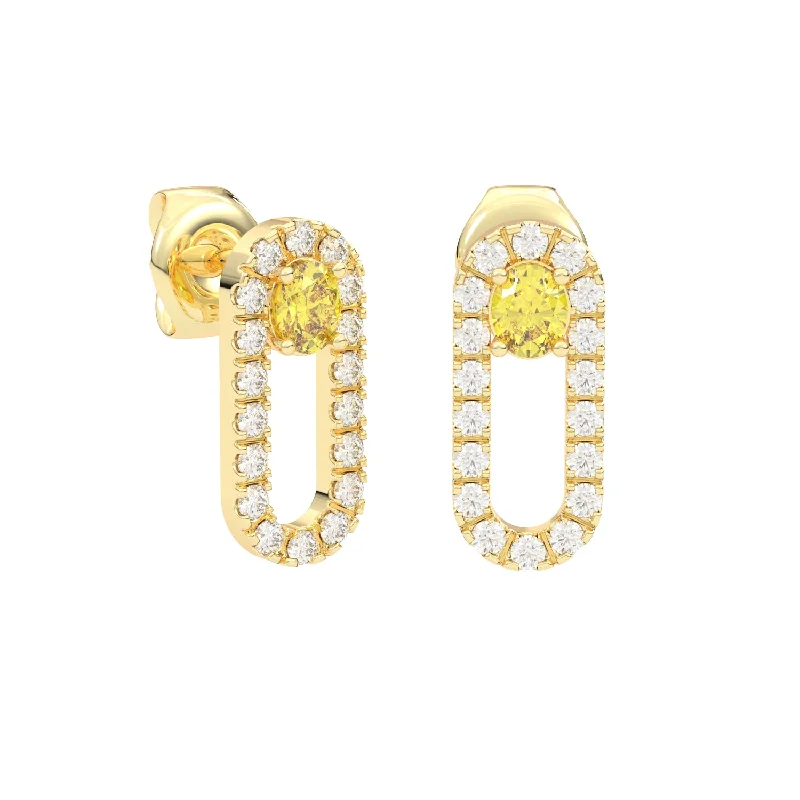 Drop Earrings for Bridesmaids Look -Diamond Paperclip Earrings with Round Yellow Sapphire