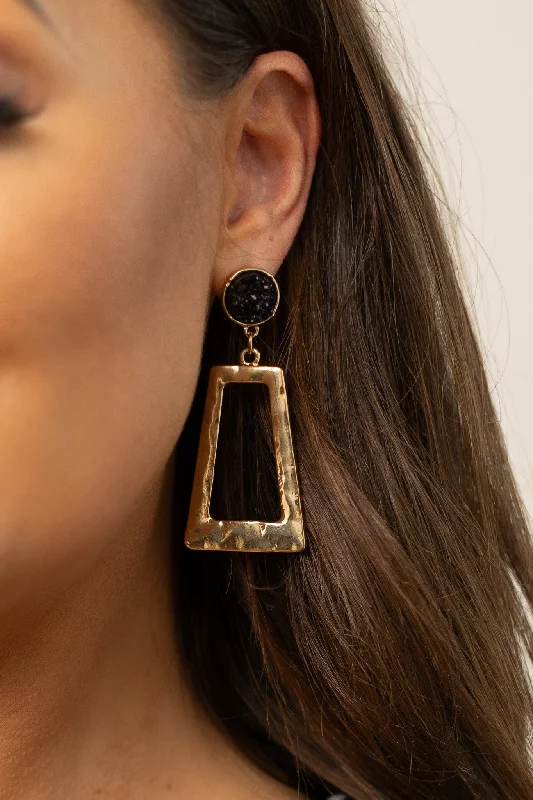 Long Drop Earrings for Dramatic -Don't Box Me In Gold Rectangular Hoops with Raw Stud, Black