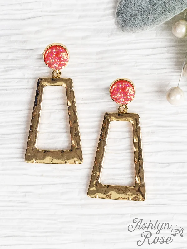 Round Drop Earrings for Classic -Don't Box Me In Gold Rectangular Hoops with Raw Stud, Pink