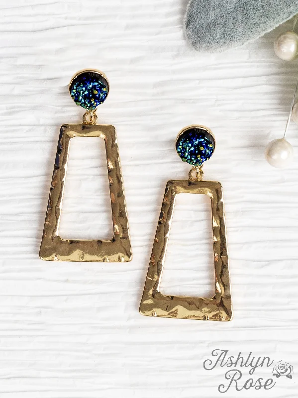 Square Drop Earrings for Modern -Don't Box Me In Gold Rectangular Hoops with Raw Stud, Blue