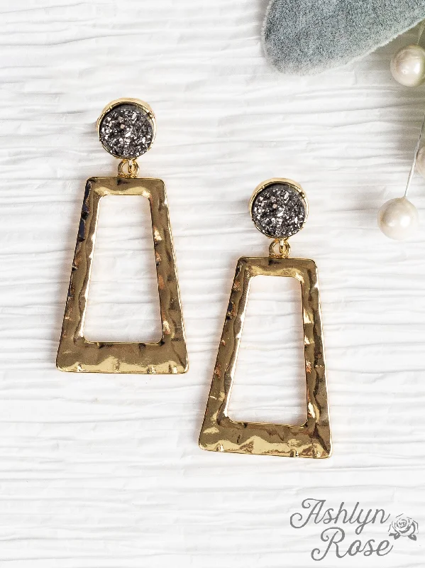 Short Drop Earrings for Subtle -Don't Box Me In Gold Rectangular Hoops with Raw Stud, Grey