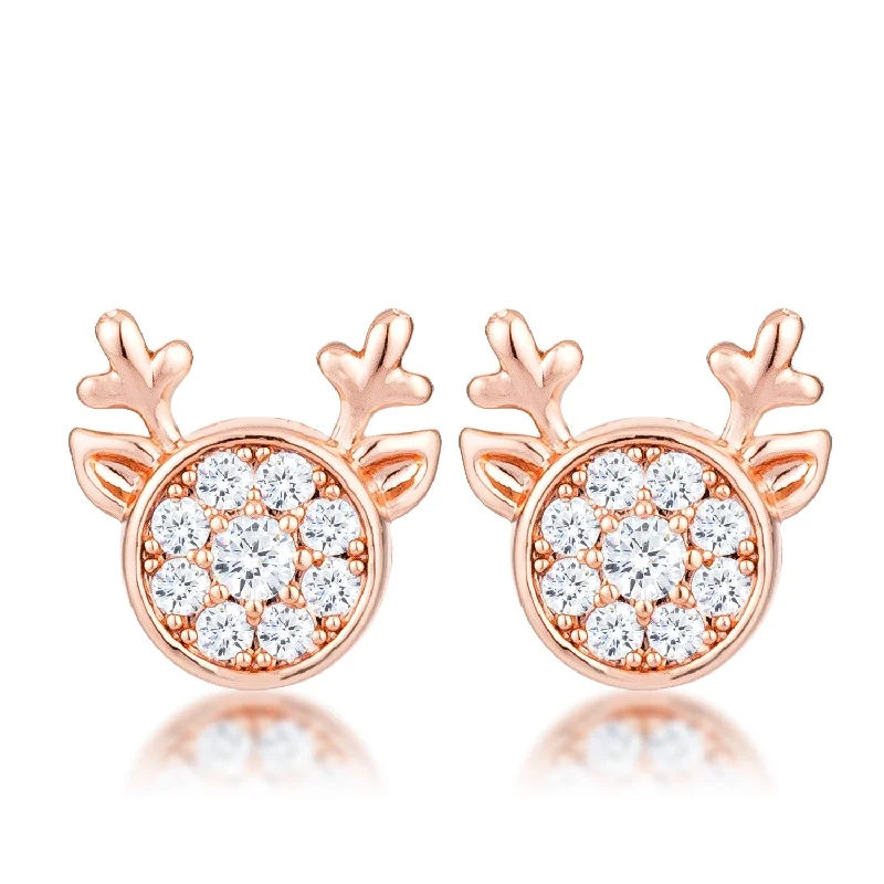 Minimalist Drop Earrings with Simplicity -LOVCIA Holiday Cheer 18k Rose Gold Plated Reindeer Earrings with Clear CZ Stones