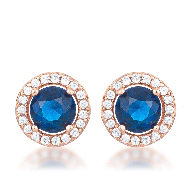 Punk Drop Earrings with Spikes -LOVCIA Rose Goldtone Halo Earrings with Sapphire Blue CZ Center Stone