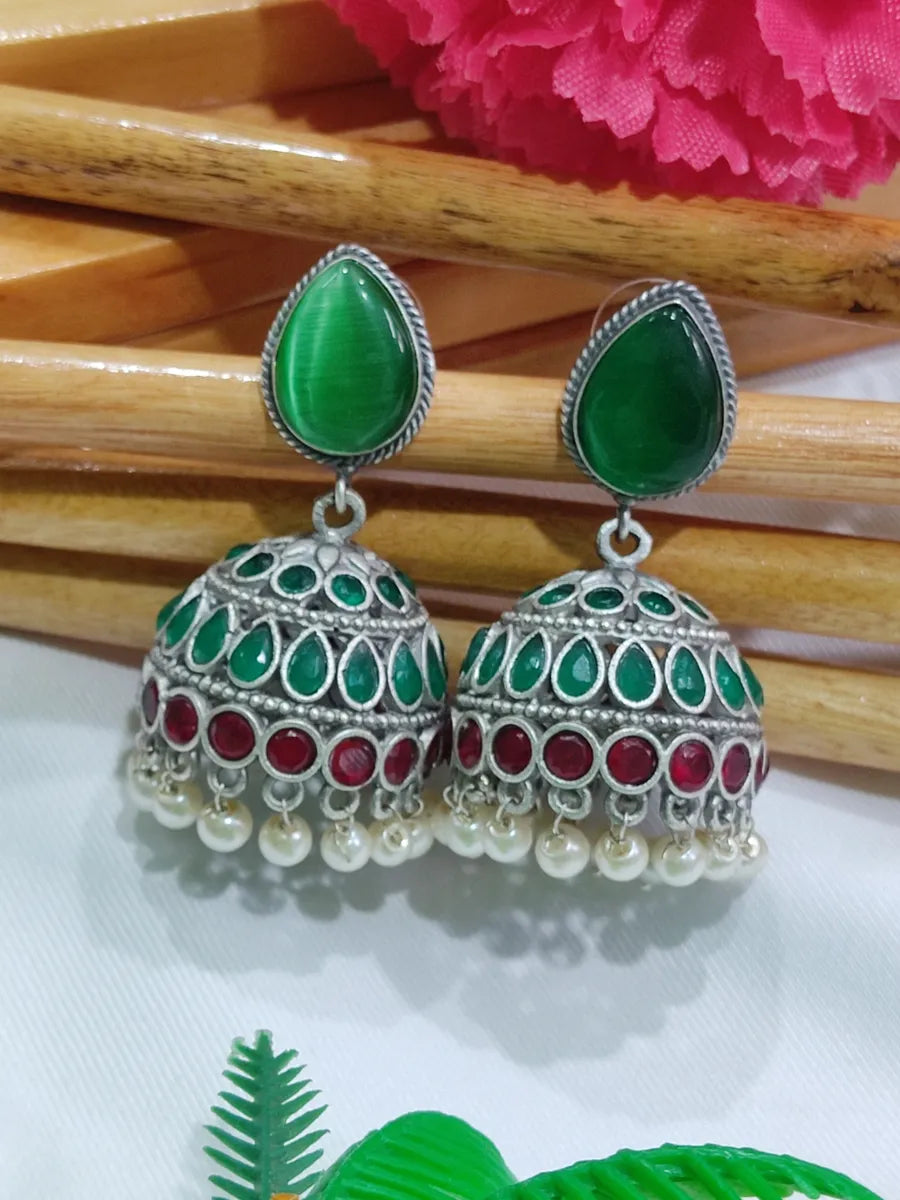 Heart Shaped Drop Earrings for Love -Elegant Oxidized Emerald And Maroon Stone ,Pearl Beaded Jhumki Earrings With AD Stones