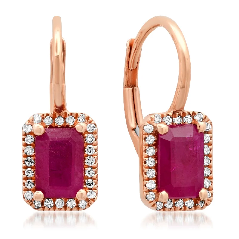 Floral Drop Earrings with Petals -Emerald Cut Ruby with Diamond Halo Hinge Back Earrings