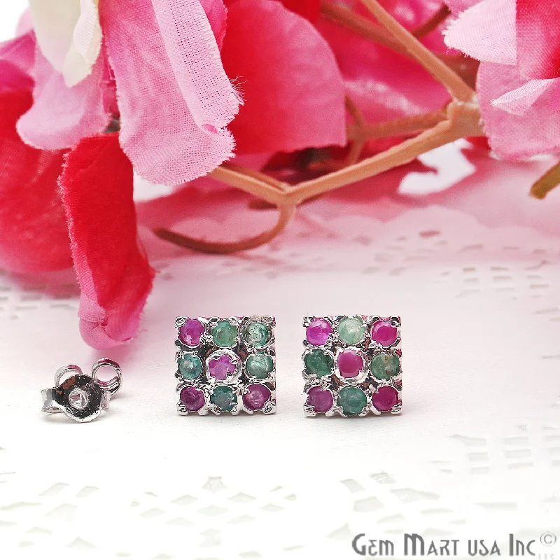 Oval Drop Earrings for Grace -Emerald With Ruby 10mm Sterling Silver Square Shape Stud Earring