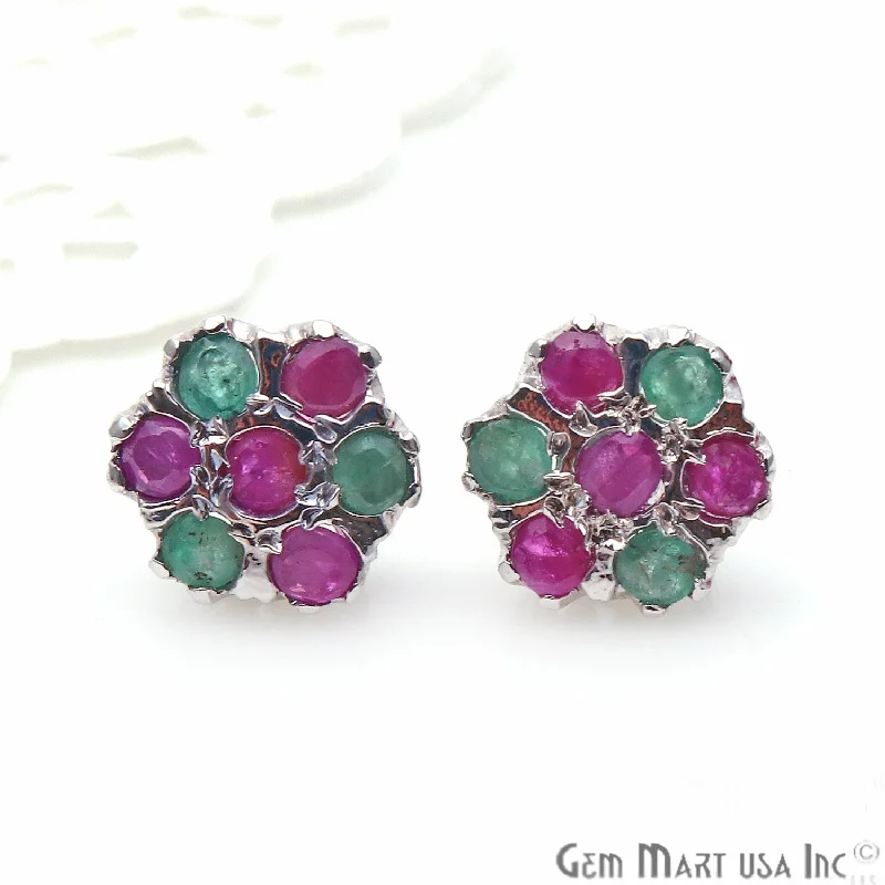 Screw Back Drop Earrings for Security -Emerald With Ruby Sterling Silver Stud Earring