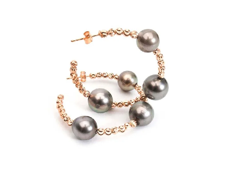 Screw Back Drop Earrings for Security -Faceted Gold Ball with Tahitian Pearls Hoops