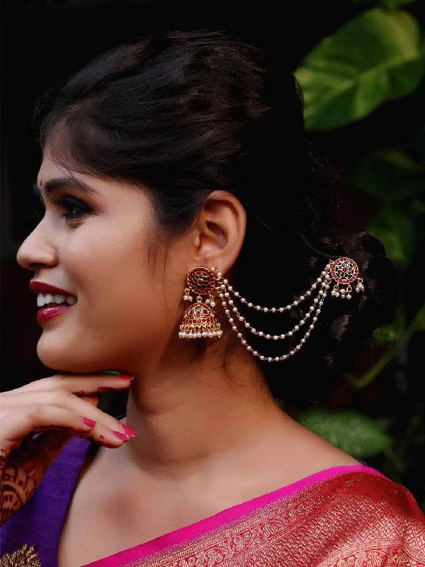 Drop Earrings for Formal Attire -Floral Jhumka With Ear Chain