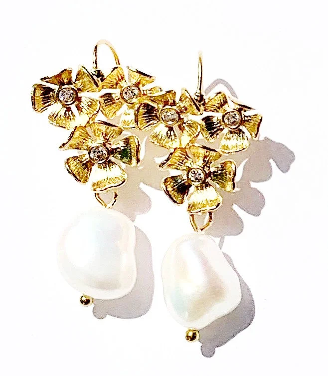 Drop Earrings for Festival Style -Flower Cluster Earring with Pearl Drop