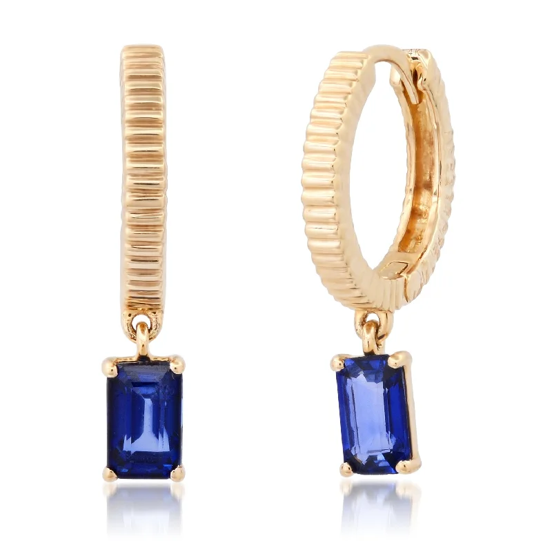 Tarnish Resistant Drop Earrings for Longevity -Fluted Huggie Earrings with Emerald Cut Sapphire Drop