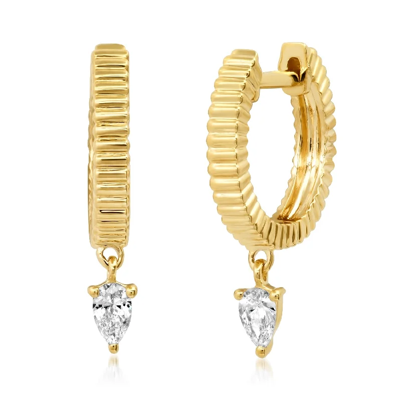 Drop Earrings for Graduation Day -Fluted Huggie Hoop Earrings with Diamond Drop