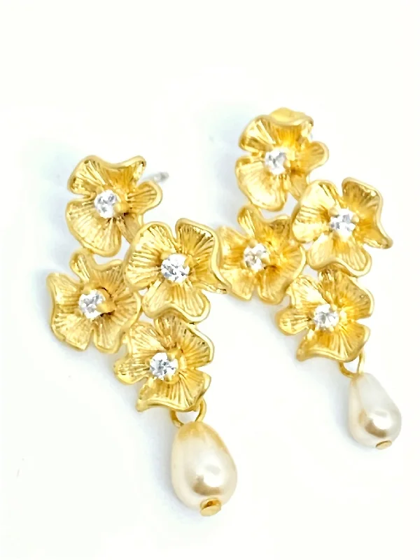 Drop Earrings for Concert Look -Four Flower Cluster Earring with Pearl Drop