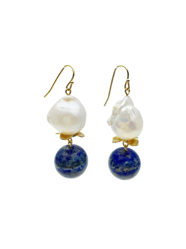 Indian Drop Earrings with Intricacy -Freshwater Pearl With Lapis Lazuli Hook Earrings AE010