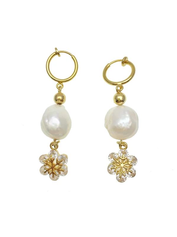 Minimalist Drop Earrings with Simplicity -Freshwater Pearls With Snowflake Clip-On Hoop Earrings AE058