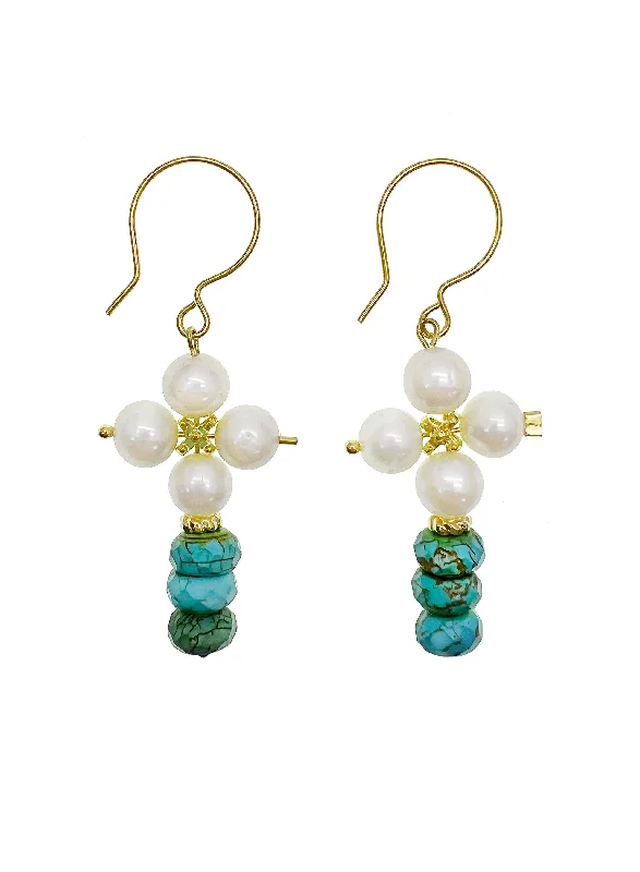 Maximalist Drop Earrings for Bling -Freshwater Pearls Crafted Flower with Turquoise Earrings JE041