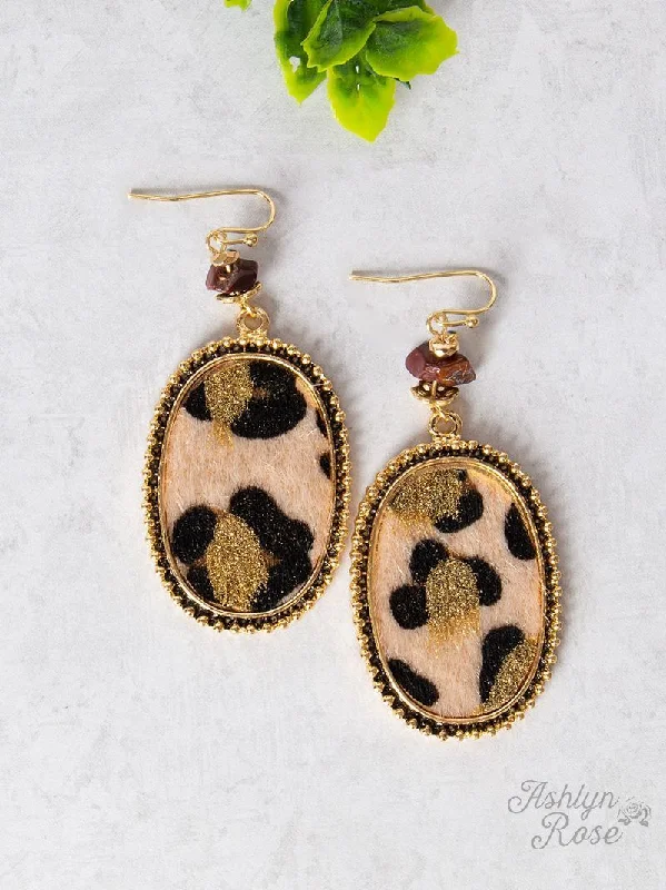 Vintage Drop Earrings with Patina -Furry with Stone Oval Earrings, Glitter Leopard