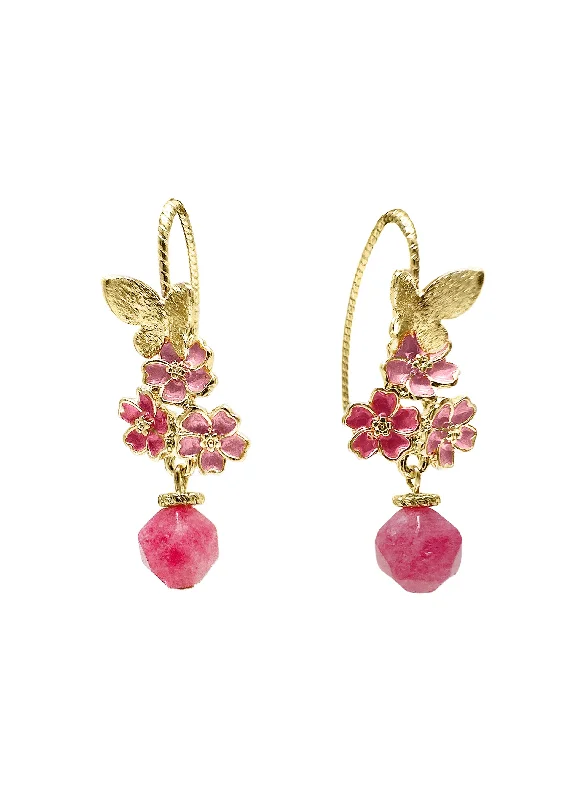 Drop Earrings for Shopping Trip -Glazed Flower with Pink Gemstone Dangle Earrings LE002