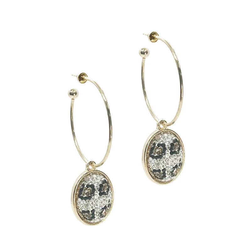 Drop Earrings for Office Wear -Gold Hoops with Leopard Crystal Pendant