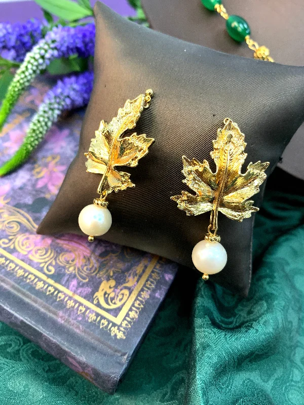 Drop Earrings with Etched Designs -Gold Maple Leaves With Pearl Dangle Stud Earrings HE007