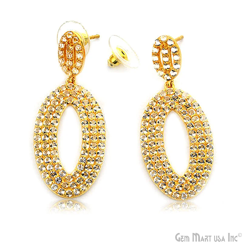 Heart Shaped Drop Earrings for Love -Gold Vermeil Studded With Micro Pave White Topaz 48x20mm Dangle Earring