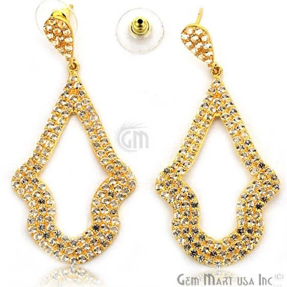 Crystal Drop Earrings for Sparkle -Gold Vermeil Studded With Micro Pave White Topaz 63x30mm Dangle Earring