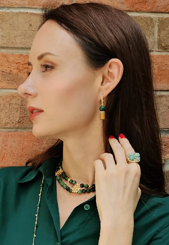 Bohemian Drop Earrings with Tassels -Golden Coral With Malachite Dangle Earrings NE033